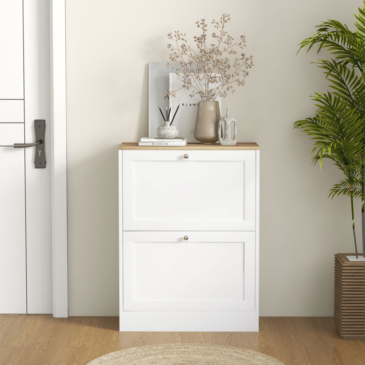 HOMCOM White Two Flip Drawer Shoe Cabinet With Adjustable Shelves Holds 8 To 12 Pairs Of Shoes Compact Stylish Storage