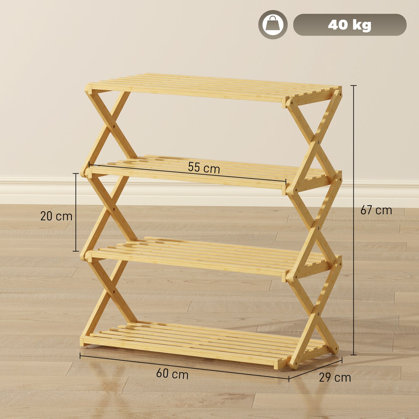 HOMCOM Four Tier Folding Bamboo Shoe Rack Natural Finish Space Saving Organizer for Boots and Shoes