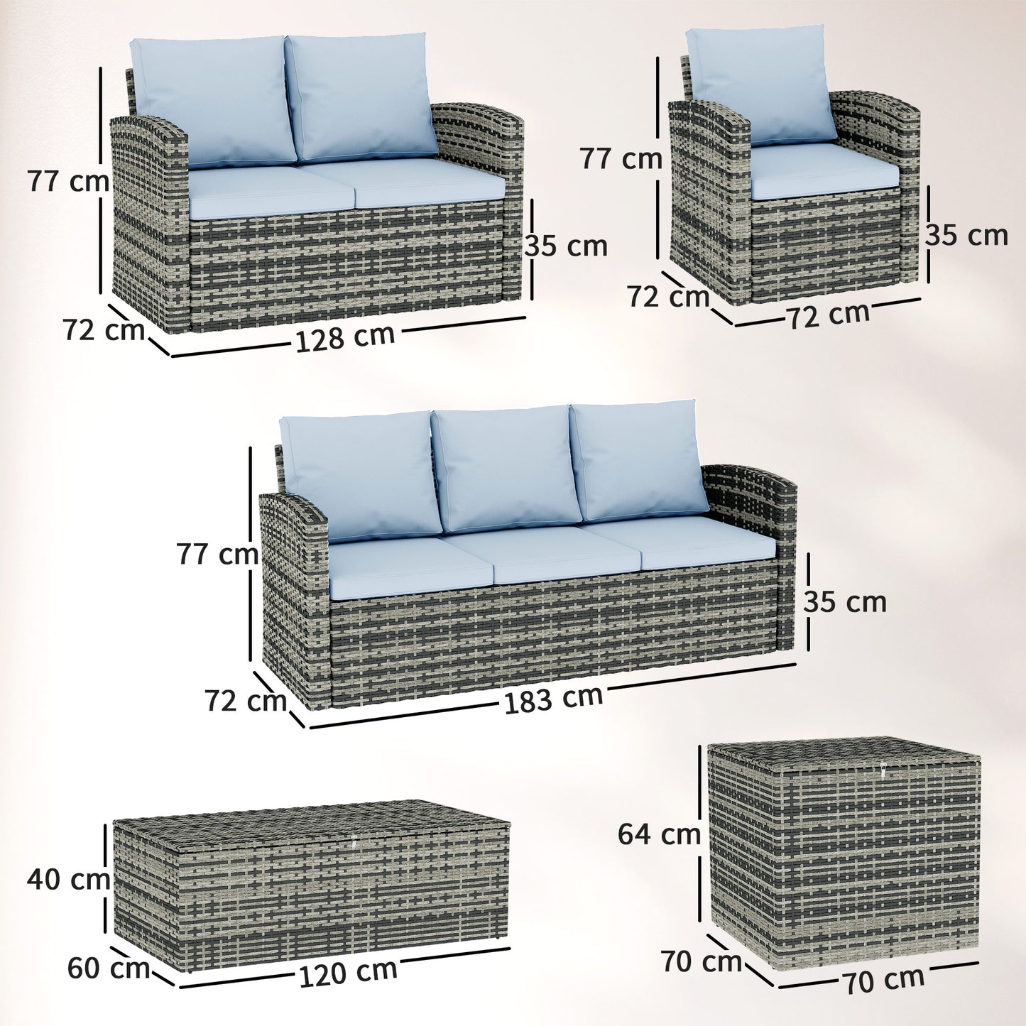 Outsunny 6 Piece Rattan Garden Furniture Set 7 Seater Wicker Outdoor Set With Storage Tea Table And Side Table Grey
