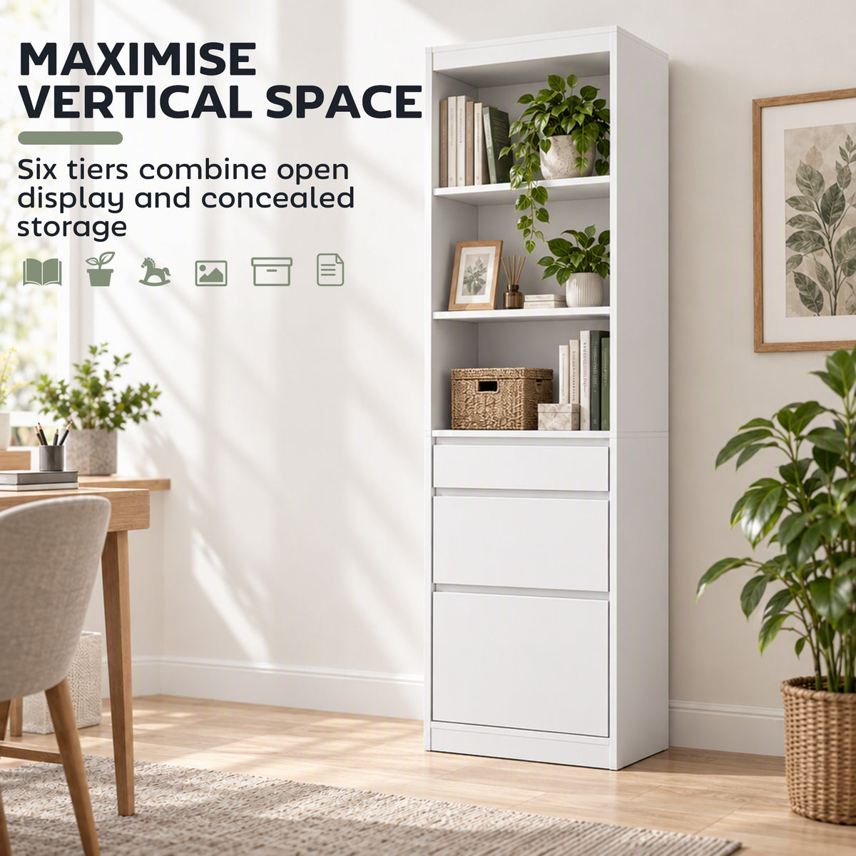 White bookcase with multi-tier open shelving and three drawer fronts for storage.