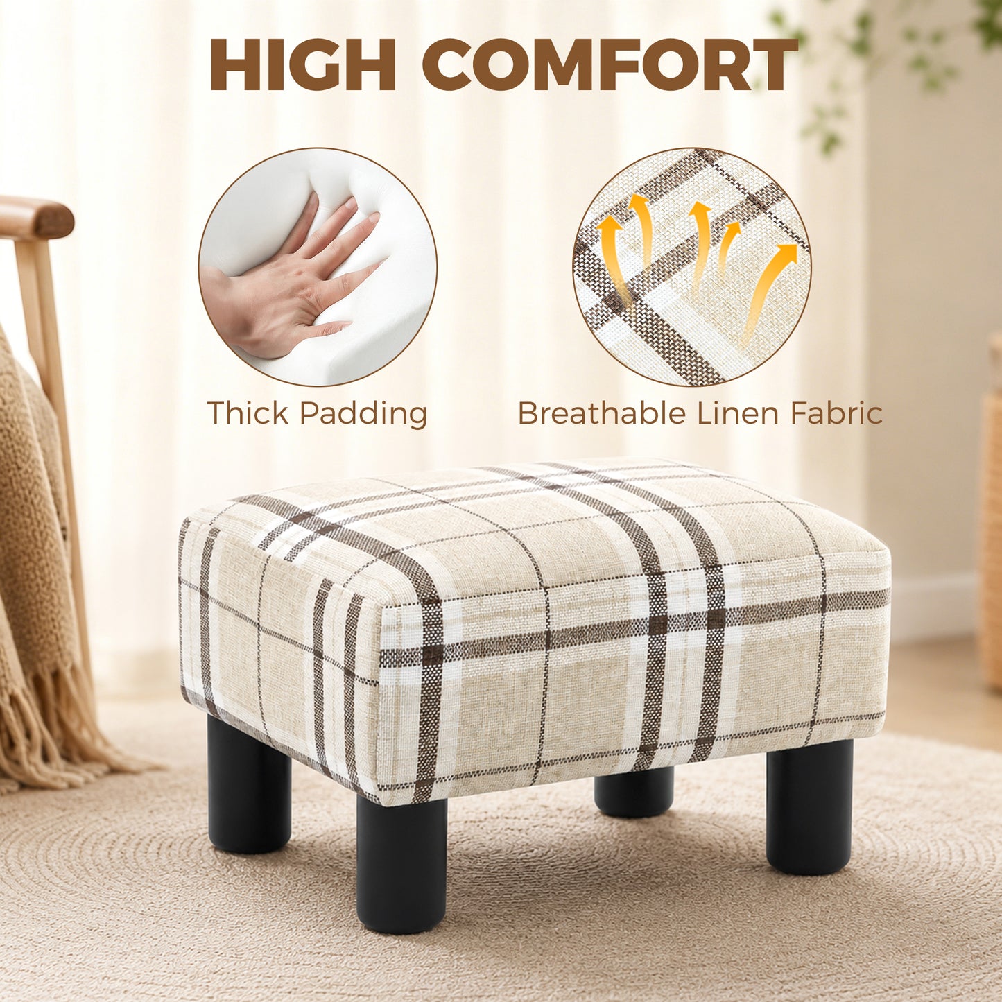 HOMCOM Linen Fabric Footstool Ottoman Cube With 4 Plastic Legs Multicolored Upholstered Stool For Living Room