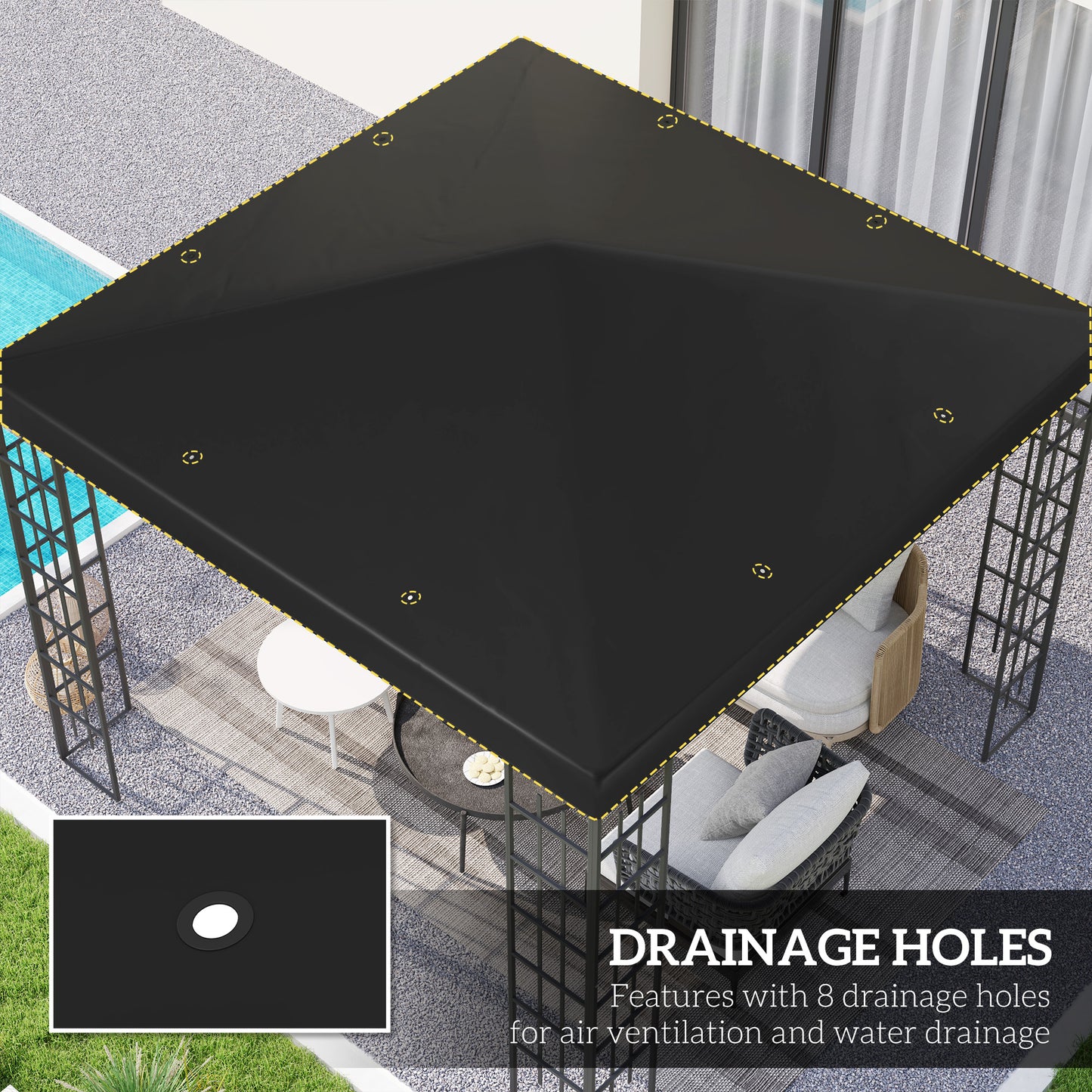 Outsunny 3x3m Gazebo Canopy Top Replacement Black Polyester With UPF 30 Plus Protection Grommets