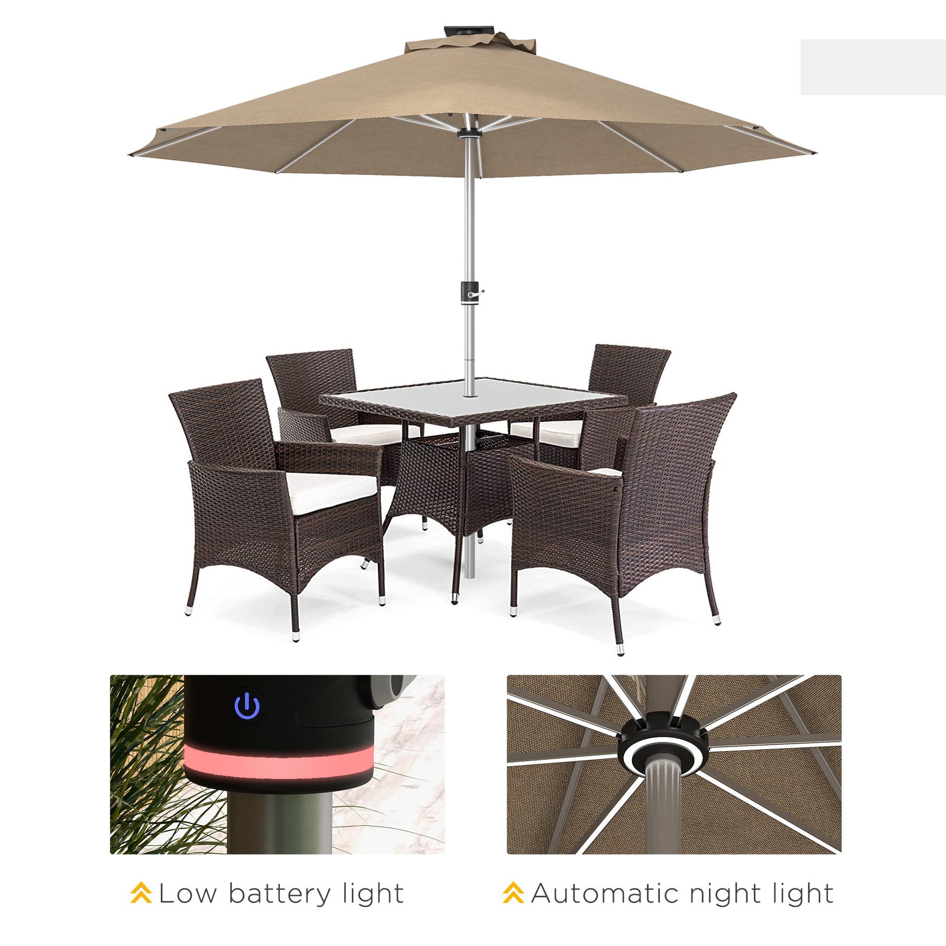 Outsunny Khaki LED Solar Patio Umbrella with 4 Light Modes, Waterproof Design, USB Charging - ALL4U RETAILER LTD