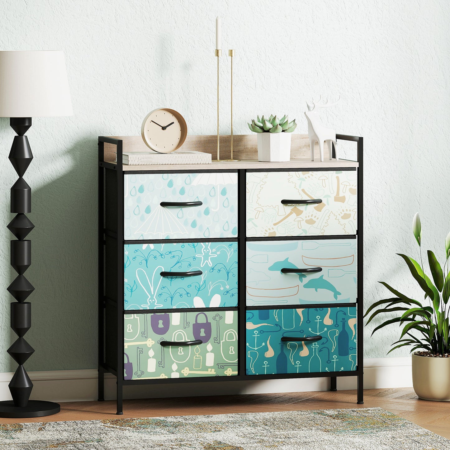 HOMCOM 6-Drawer Chest of Drawers in Blue With Removable Fabric Drawers and Patterned Panels