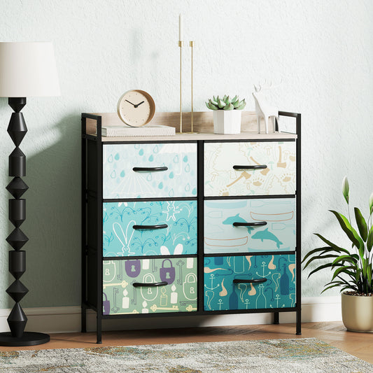 HOMCOM 6-Drawer Chest of Drawers in Blue With Removable Fabric Drawers and Patterned Panels