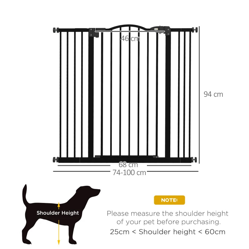 PawHut 74-100cm Adjustable Metal Pet Gate Safety Barrier with Auto-Close Door - Black - ALL4U RETAILER LTD