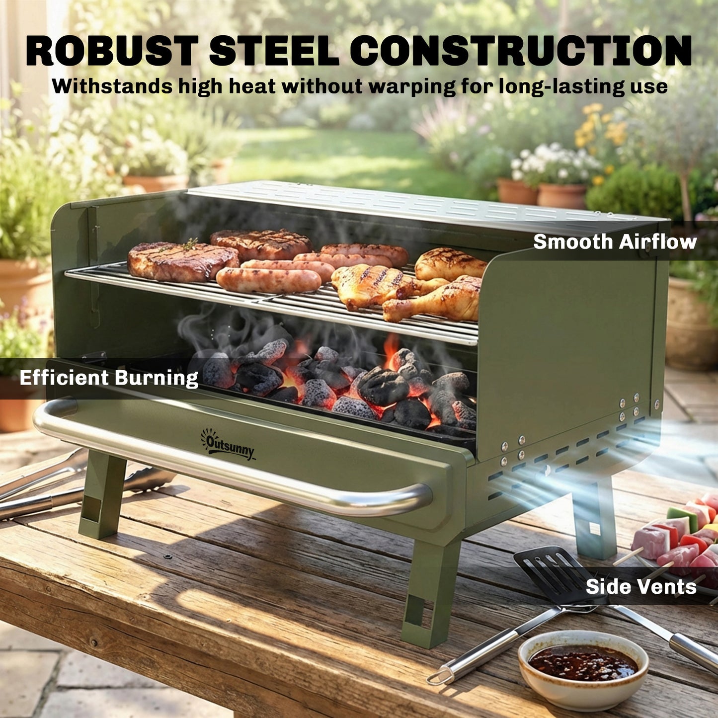 Outsunny Portable Charcoal BBQ Grill with Adjustable Grates, Foldable Legs, Side Shelf for Camping Travel Green