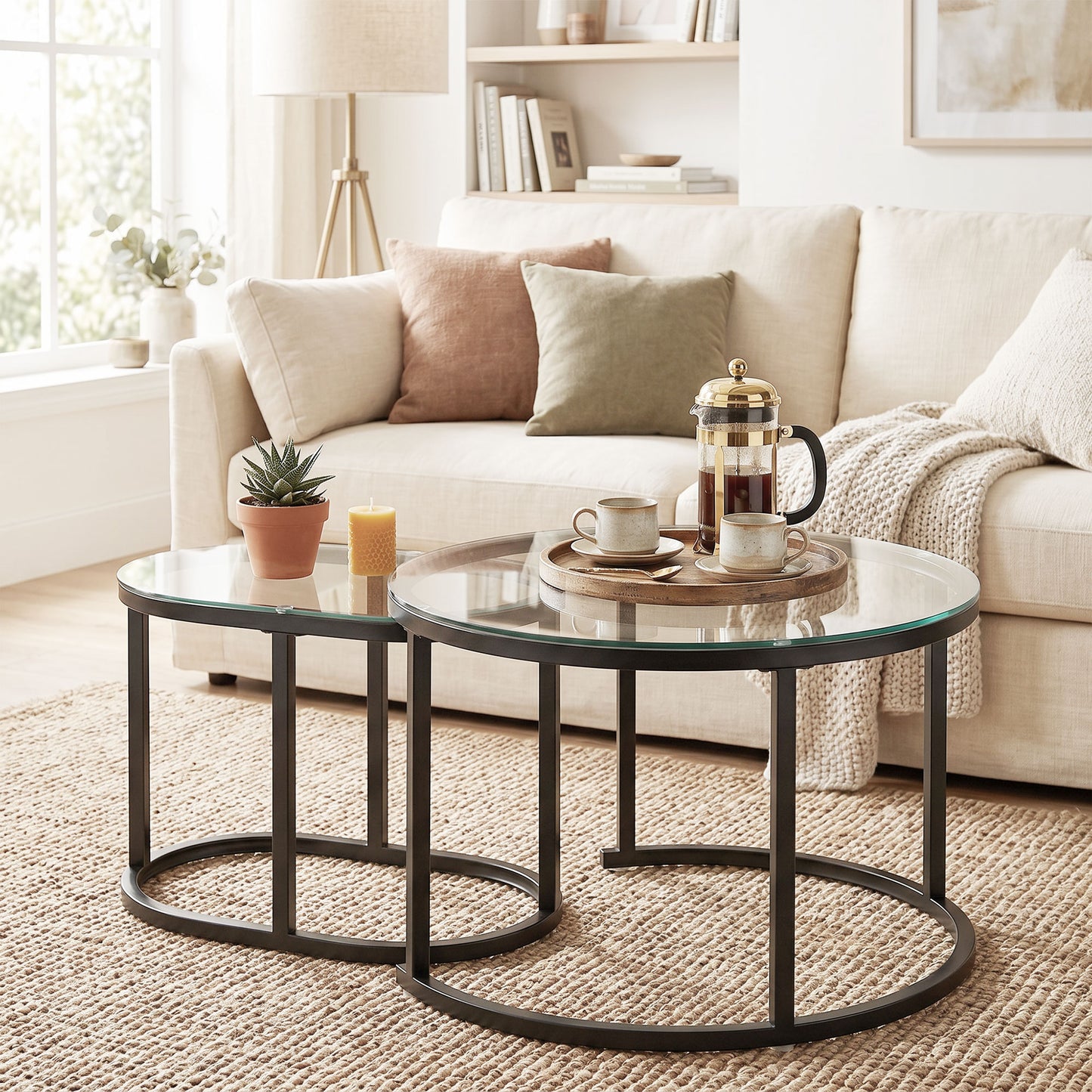 HOMCOM Nest of Tables Set of 2 with Steel Frame and Tempered Glass Tabletops Modern Black Coffee Tables