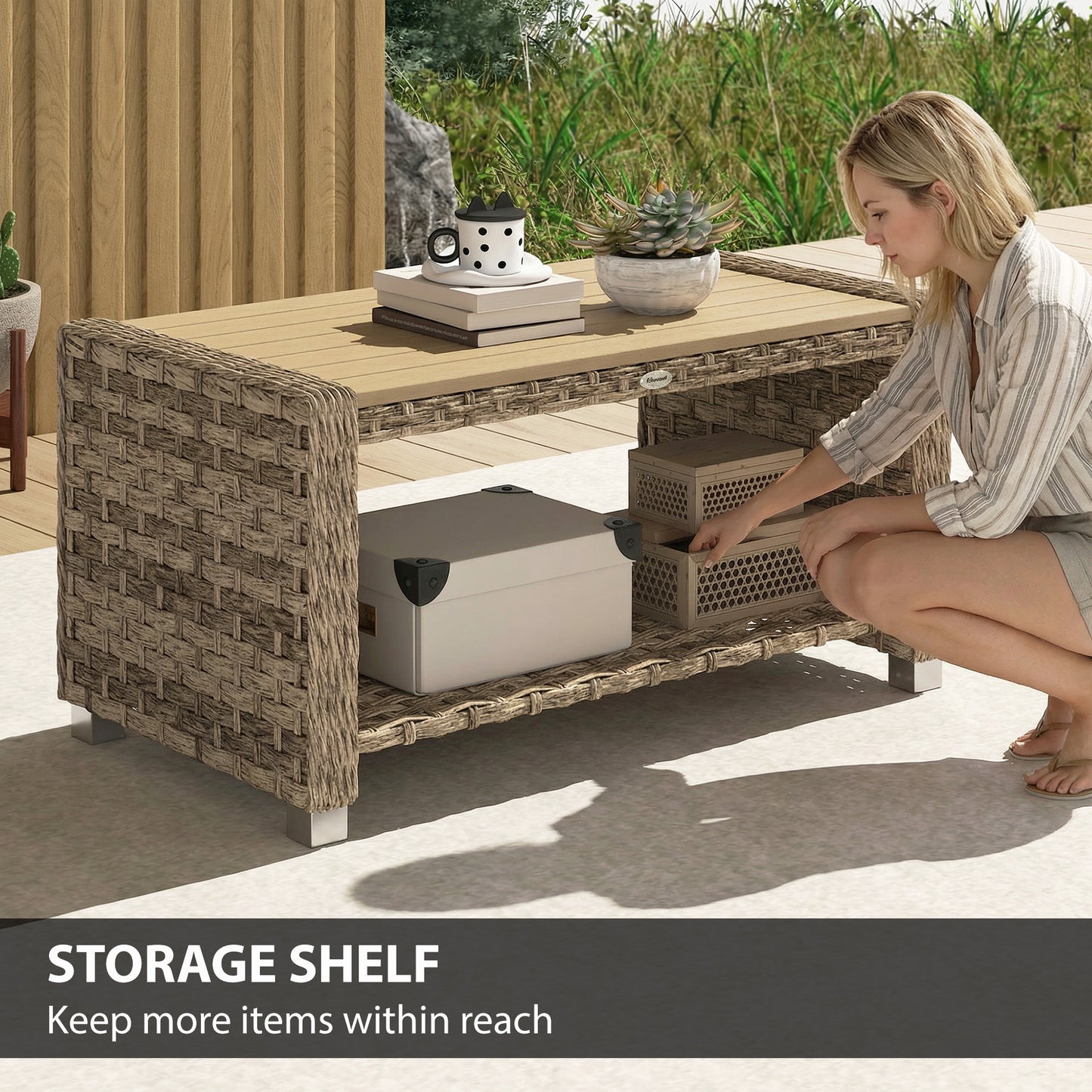 Outsunny Outdoor Coffee Table With Two Tier Storage Shelf In PE Rattan Light Brown Slatted Top And Foot Pads