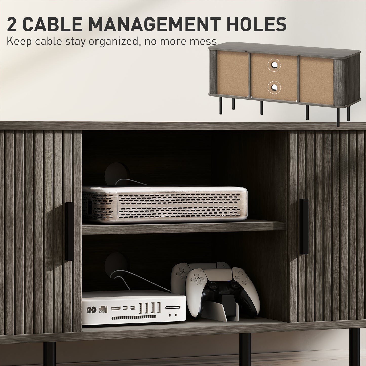 HOMCOM TV Stand Cabinet For 55 Inch TVs With Open Shelves And Two Tambour Door Cupboards Grey