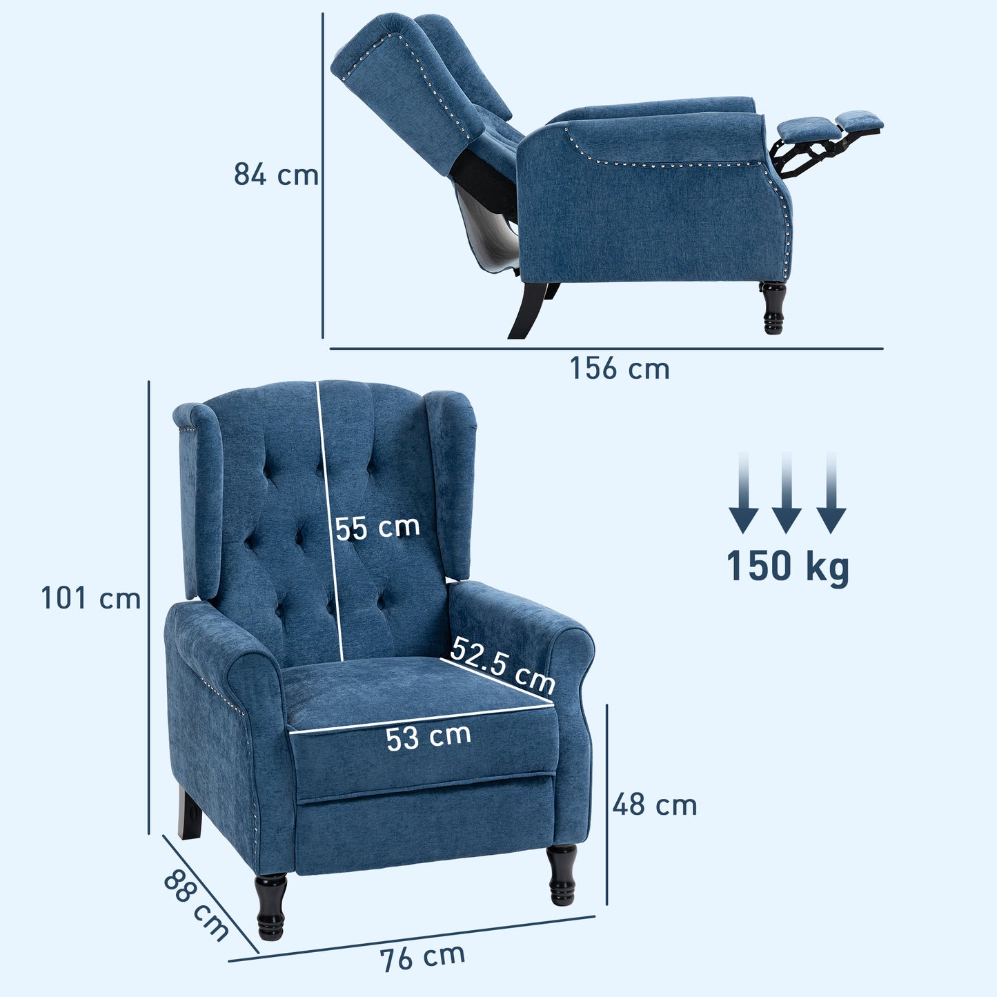 HOMCOM 150 Degree Reclining Vintage Armchair With Footrest In Royal Blue Tufted Back Lounger