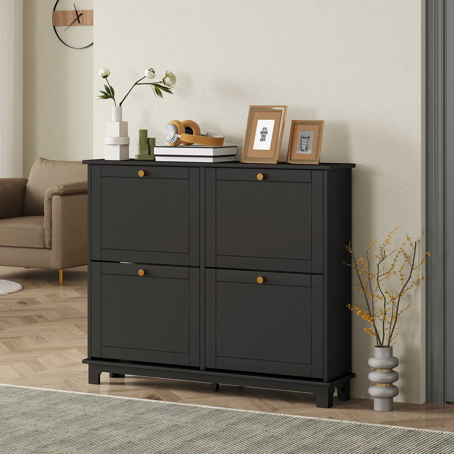 HOMCOM Slim Narrow Shoe Storage Cabinet With Four Flip Drawers And Adjustable Shelves Holds 16 Pairs Of Shoes Black