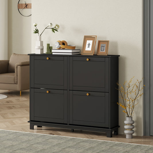 HOMCOM Slim Narrow Shoe Storage Cabinet With Four Flip Drawers And Adjustable Shelves Holds 16 Pairs Of Shoes Black