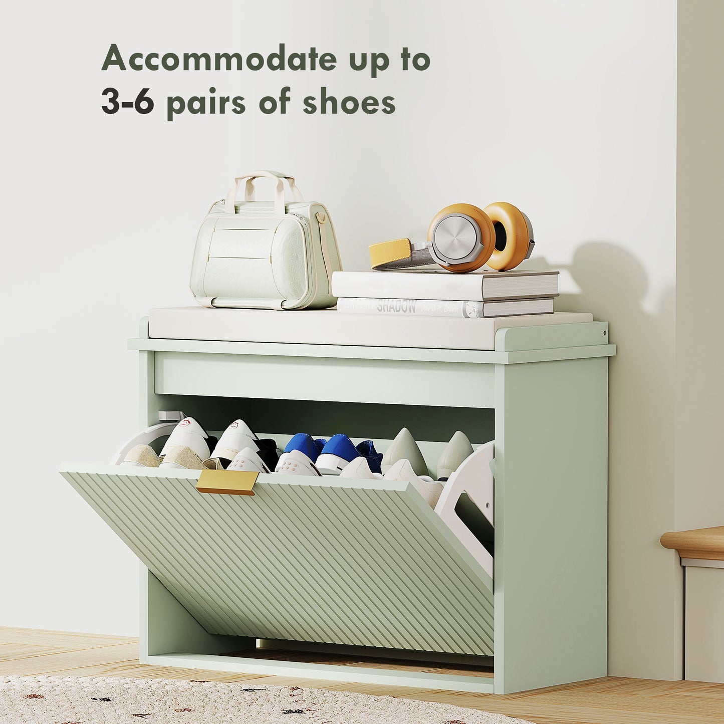 HOMCOM Elegant Six Shoe Bench With Top Seat And Flip Drawer Green Linen Feel Cushioned Entryway Bench