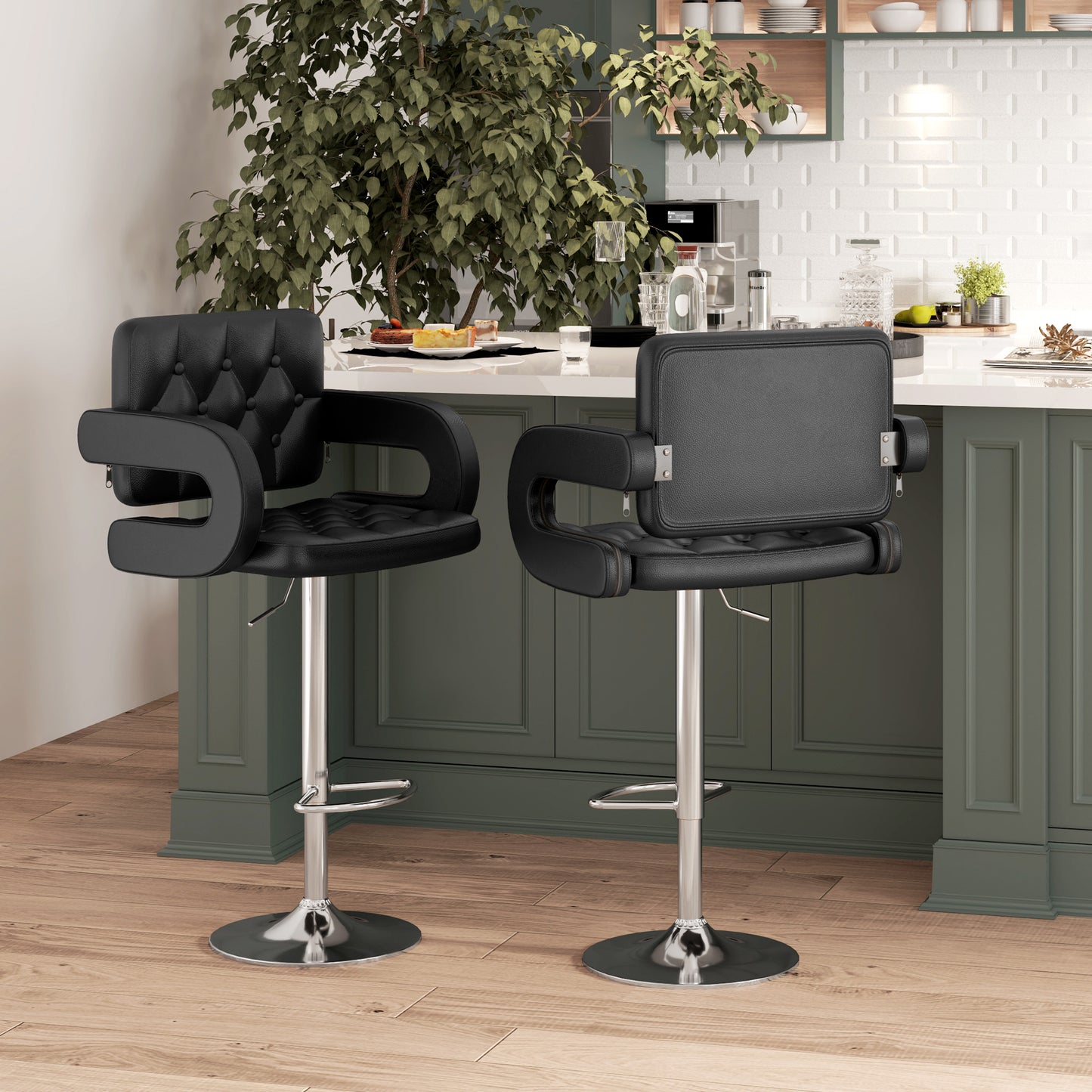 Set Of 2 PU Leather Upholstered Swivel Bar Stools Height Adjustable With Back Armrests And Footrests For Kitchen