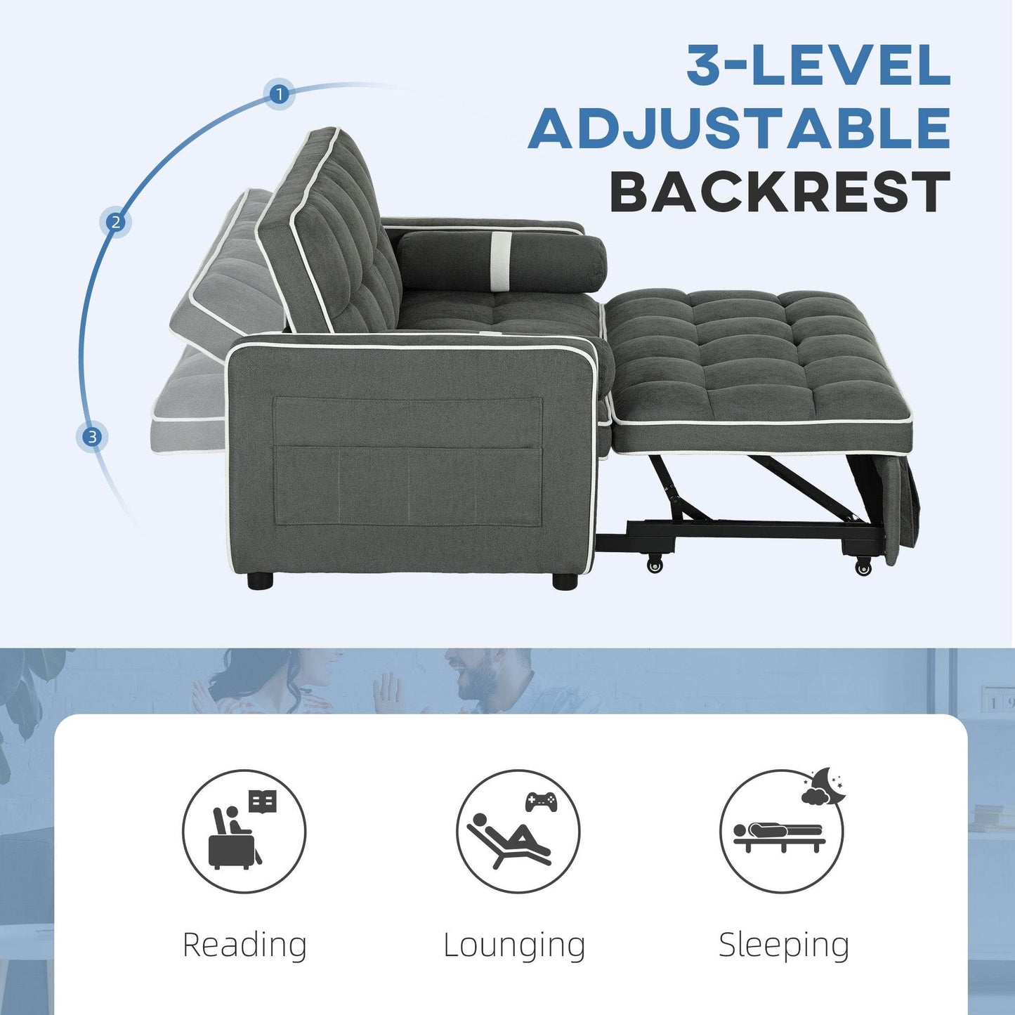 HOMCOM Charcoal Grey Linen-Look Convertible Sofa Bed with Adjustable Backrest - ALL4U RETAILER LTD