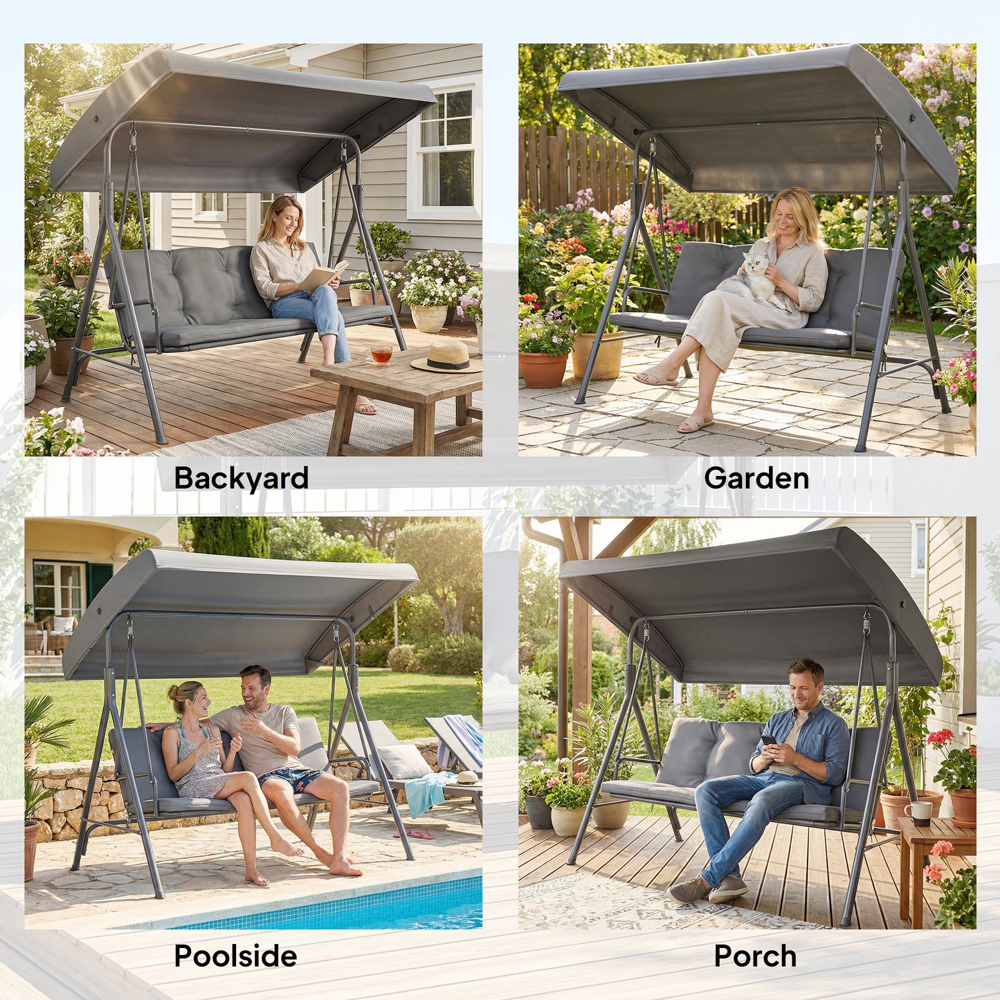 Outsunny 3 Seater Garden Swing Chair Tilting Canopy Patio Rocking Bench Steel Frame Removable Cushions Dark Grey