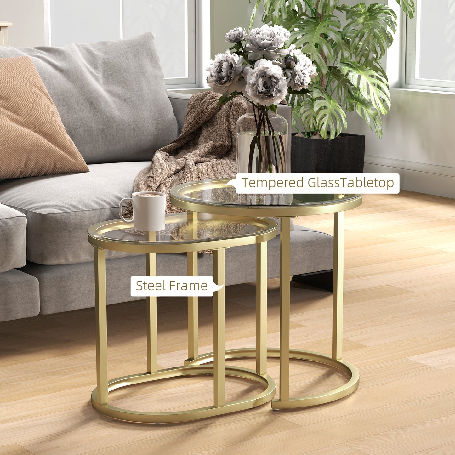 HOMCOM Modern Coffee Tables Set Of 2 Nesting Tables With Steel Frame And Tempered Clear Glass Tops For Living Room