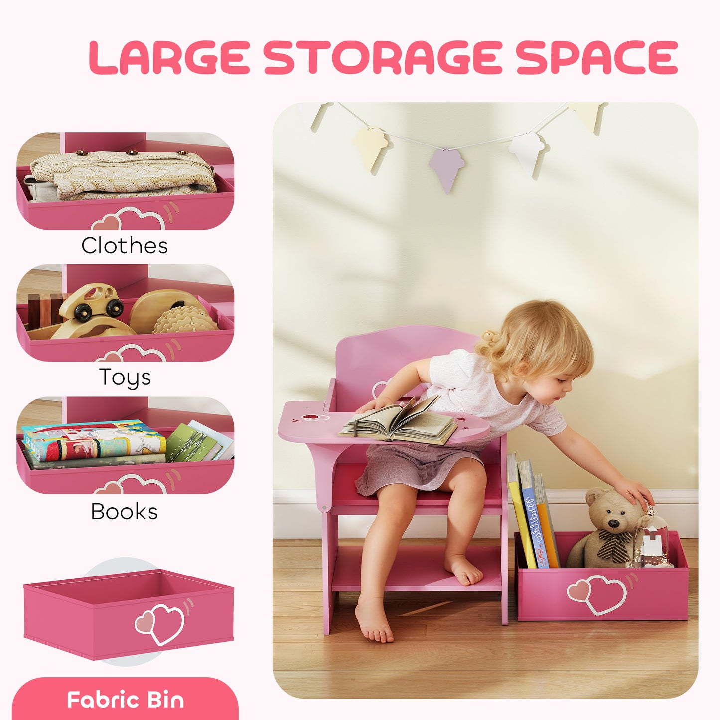 AIYAPLAY Kids Table and Chair Set With Storage Bins For Ages Three To Five Pink