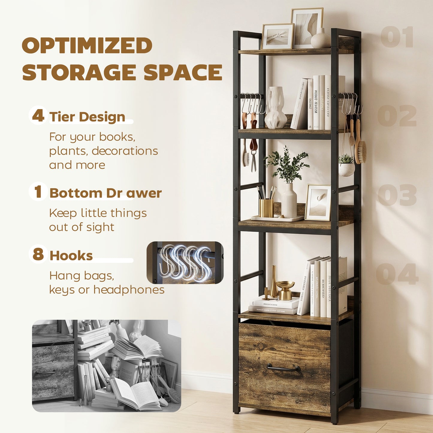 HOMCOM 4 Tier Narrow Bookshelf with Drawer and 8 Hooks, Metal Frame, Rustic Brown Finish