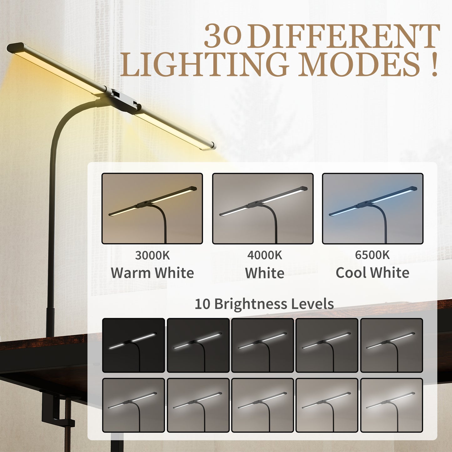 HOMCOM LED Desk Lamp With Clamp Dual Head Gooseneck 3 Color Modes 10 Brightness Levels Timer Memory Study Office Black