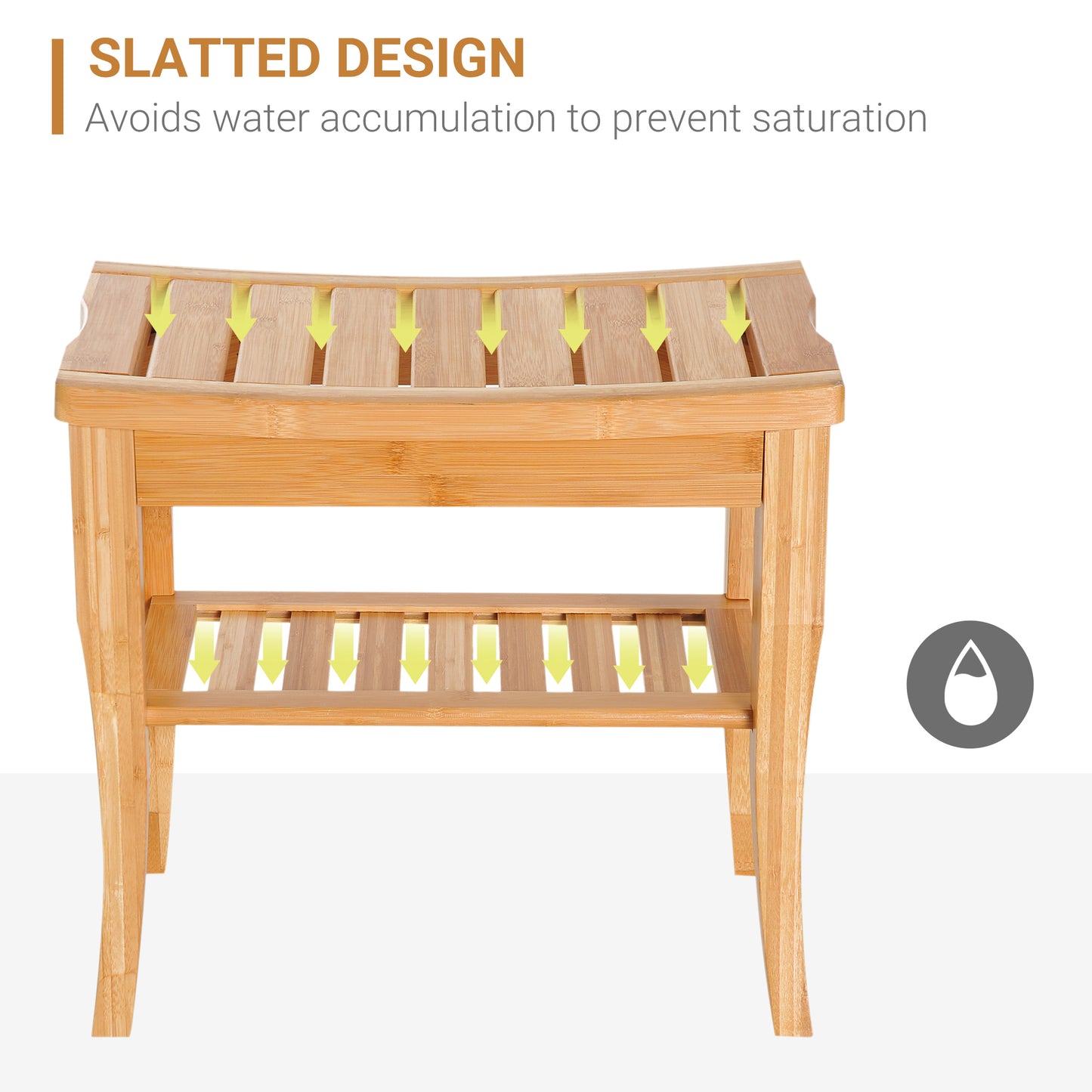 HOMCOM 45cm 2 Tier Slatted Shower Bench With 4 Legs Safe Comfortable Bathroom Stool Spa Organiser