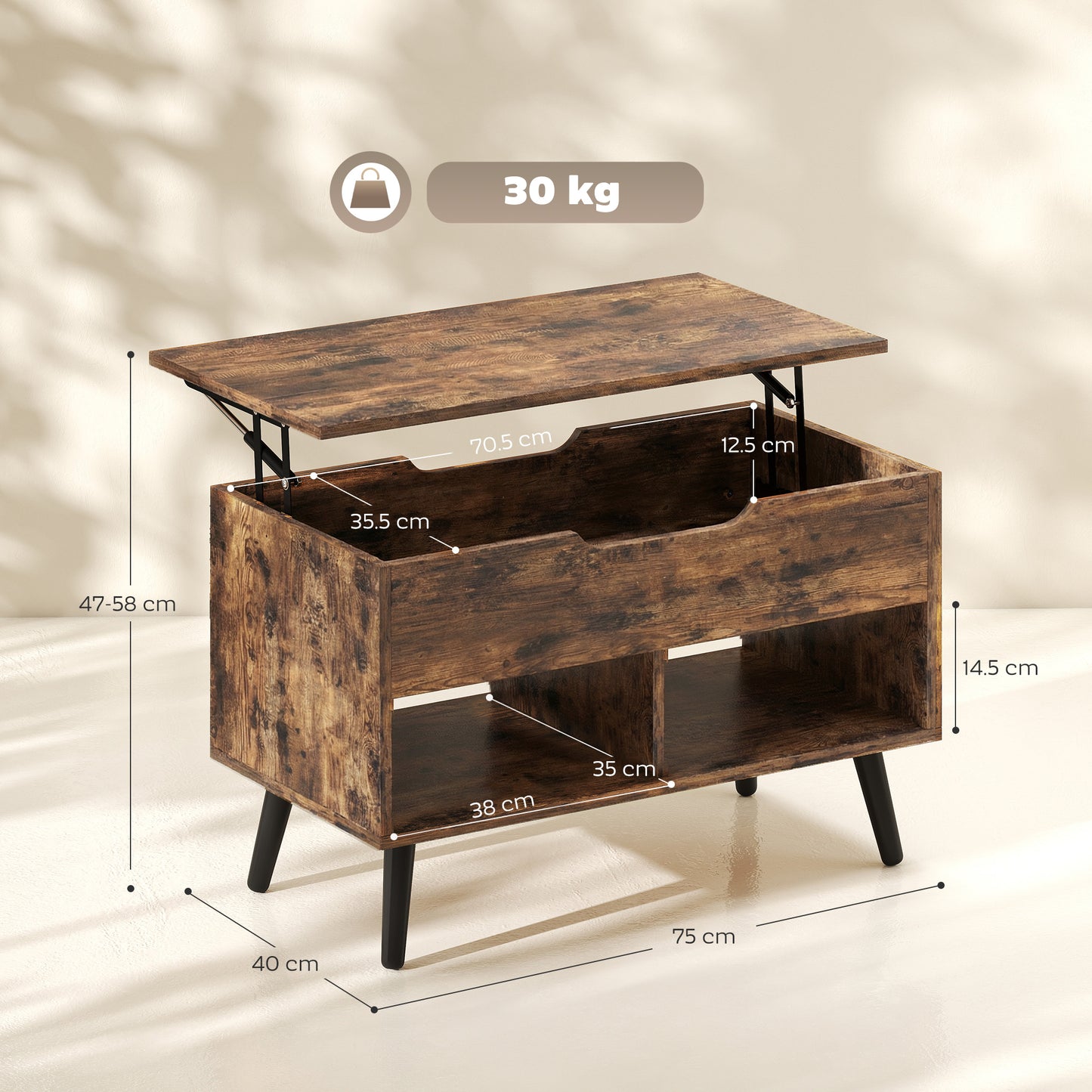 HOMCOM Lift Top Coffee Table With Hidden Storage For Living Room And Metal Legs 75 cm Rustic Brown