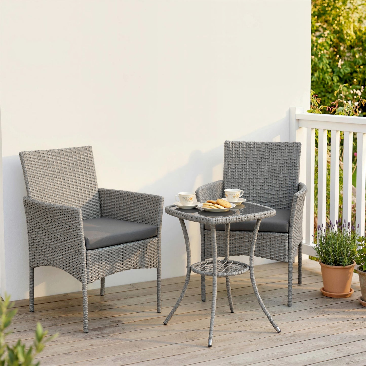 Outsunny 3 Piece Rattan Bistro Set Outdoor Conversation Set With Glass Top Table Cushioned Chairs Dark Grey