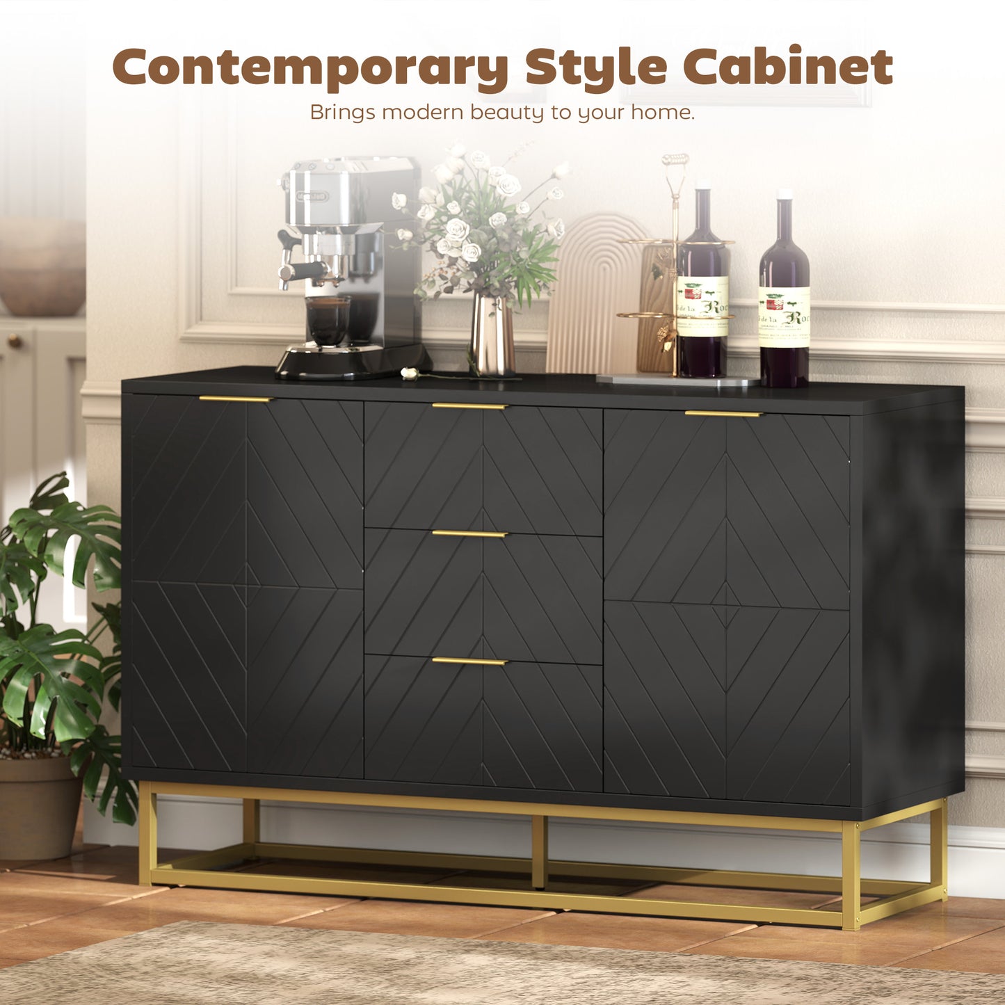 HOMCOM Sideboard With 3 Drawers And Adjustable Shelves For Living Room Black Finish Modern Storage Cabinet