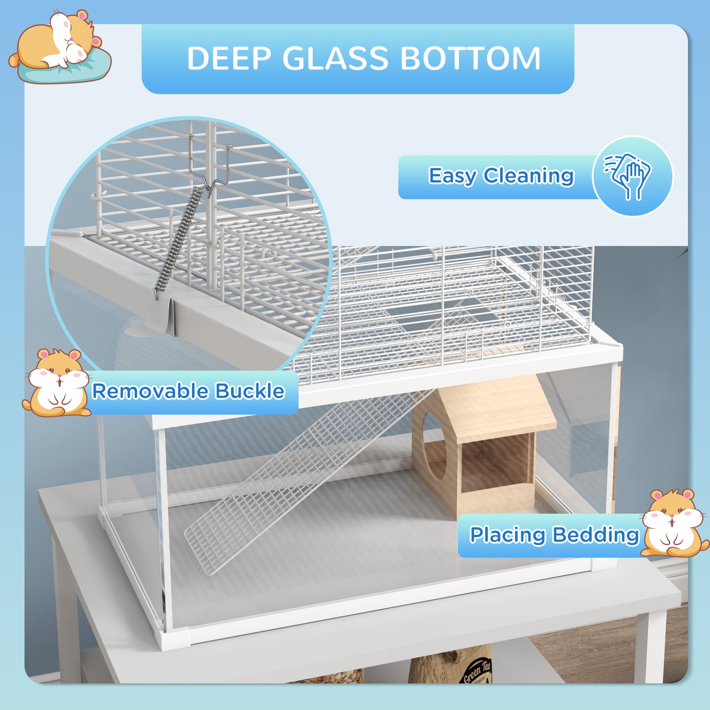 PawHut Three-Level White Gerbil and Dwarf Hamster Cage with Glass Base, Exercise Wheel, Ramp, and Hut - ALL4U RETAILER LTD