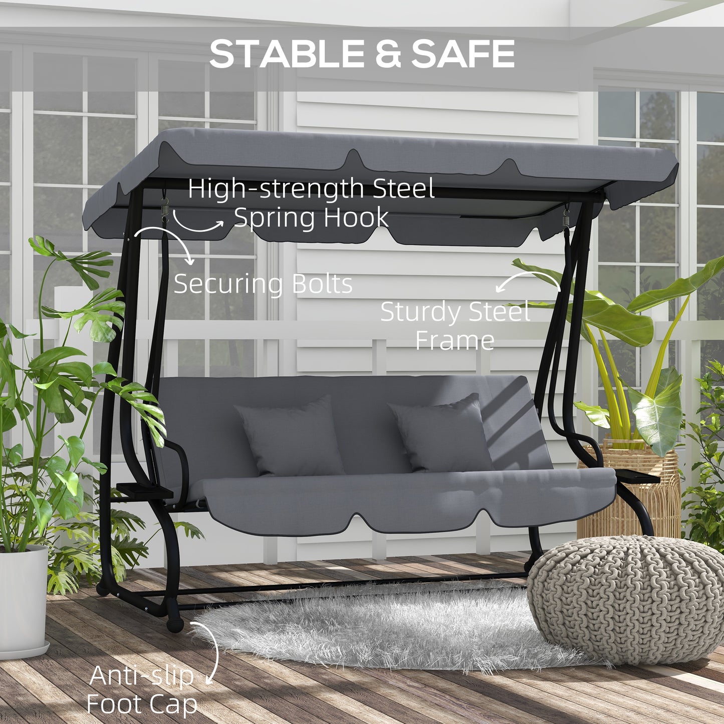 Outsunny Three Person Garden Swing Chair With Adjustable Canopy And Convertible Bed Light Brown