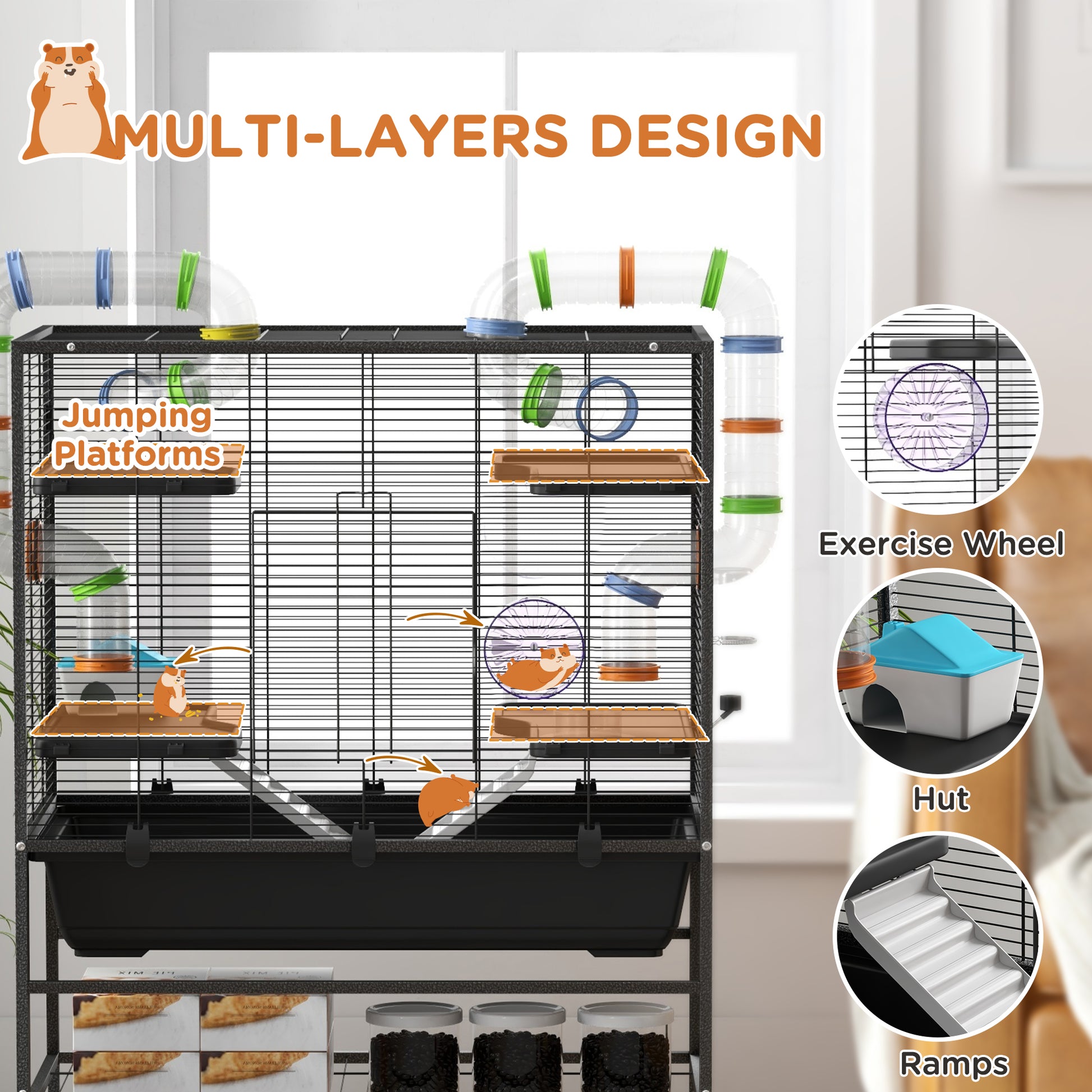 PawHut Multi-Level Hamster and Gerbil Habitat with Interactive Tubes and Accessories - Black - ALL4U RETAILER LTD