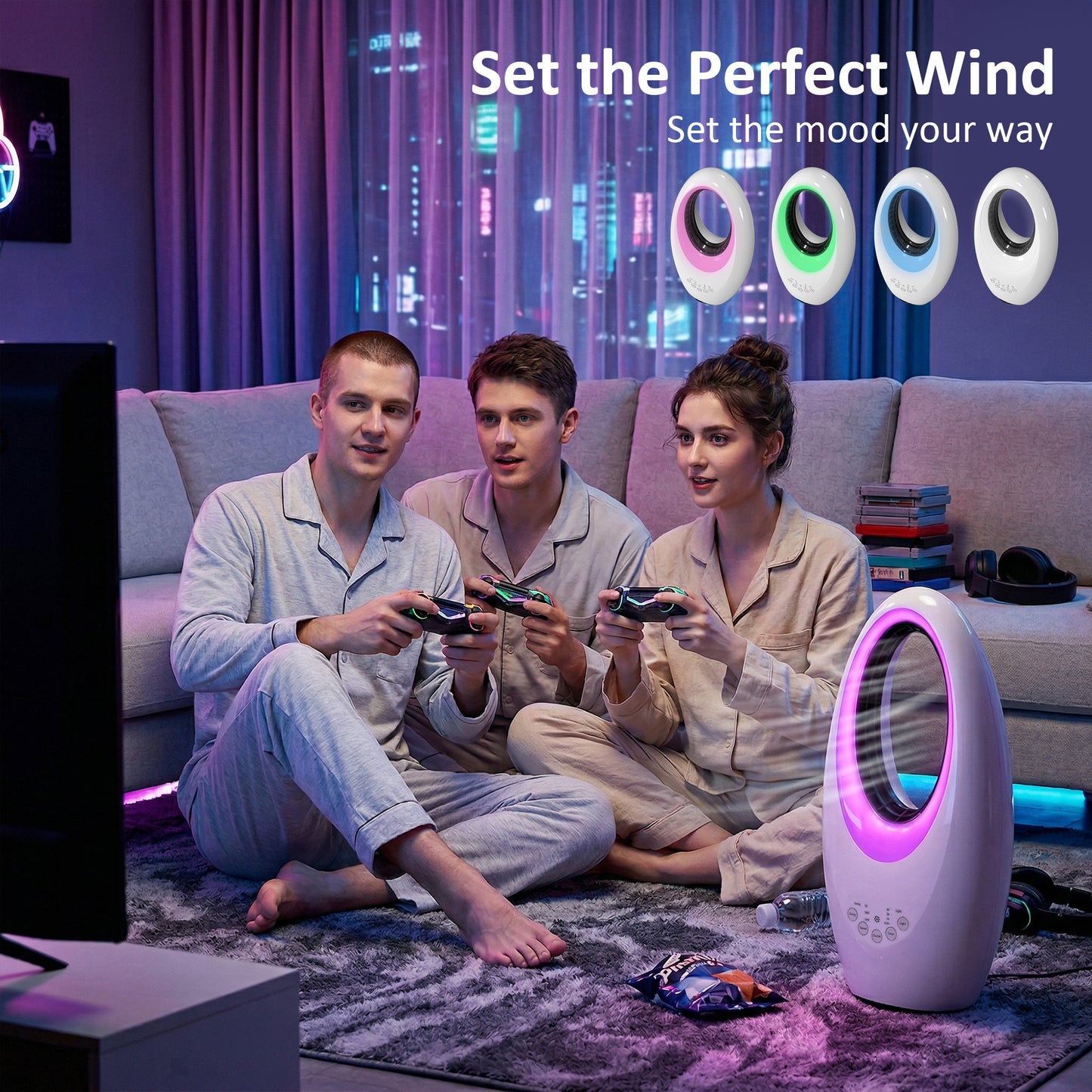 HOMCOM Bladeless Tower Fan Quiet 36dB With 60 Degree Oscillation LED Lights 3 Speeds 7.5H Timer Remote Control