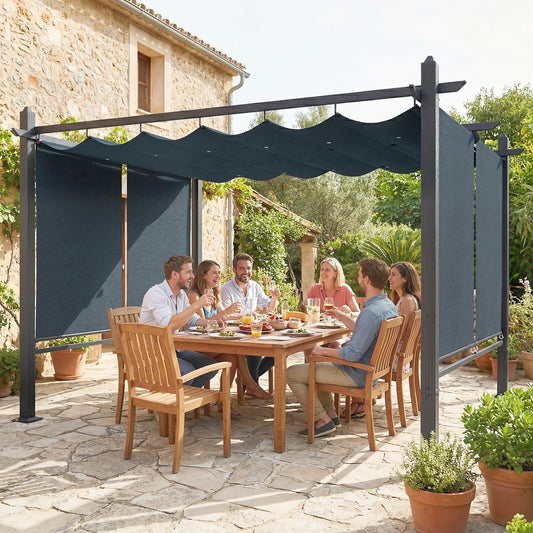 Outsunny 4 x 3 m Garden Pergola With Retractable Roof Canopy And Roll Up Sides Outdoor Gazebo Kit Dark Grey