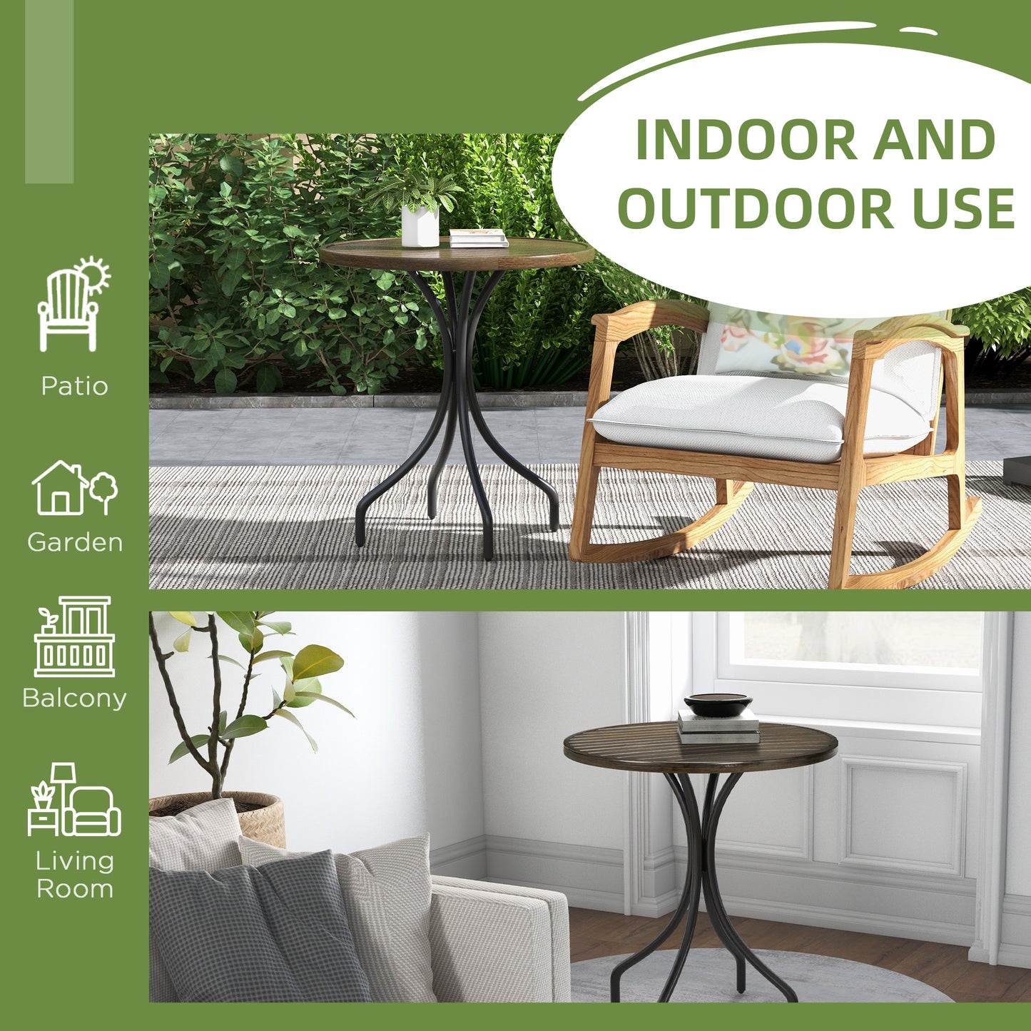 Outsunny 66cm Galvanised Steel Round Garden Table Brown With Slatted Top Outdoor Patio Furniture