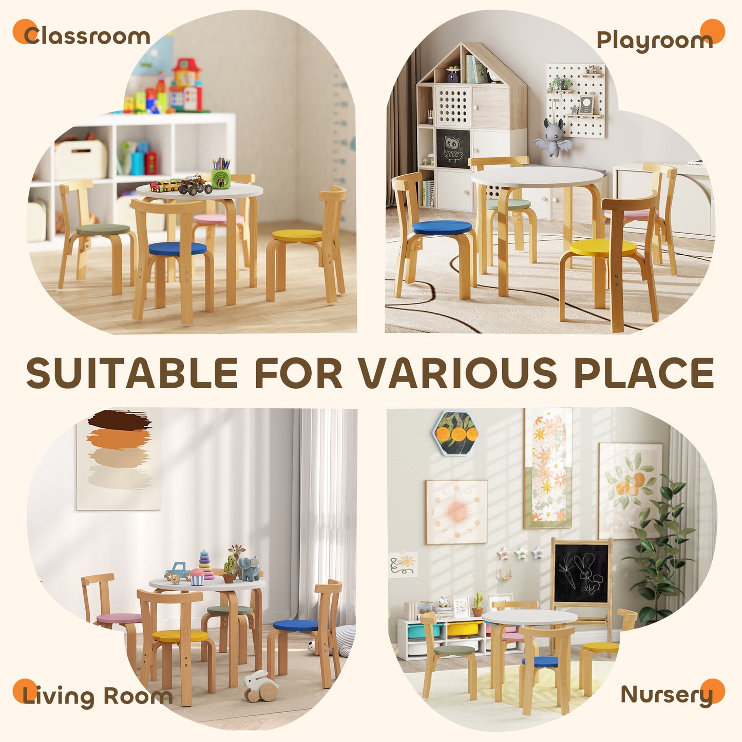 AIYAPLAY 5 Piece Kids Table and Chairs Set Toddler Table and Chairs Set for Nursery Playroom Classroom Ages 3 to 8