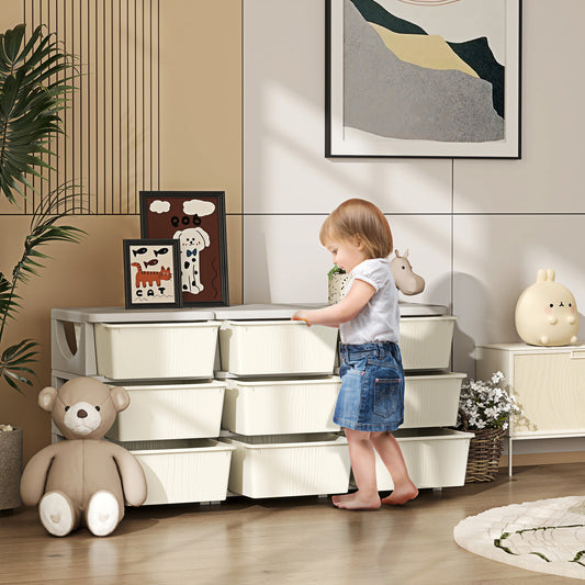 HOMCOM Kids Storage Unit With Nine Drawers Cream Plastic Toy Organizer For Toys And Books