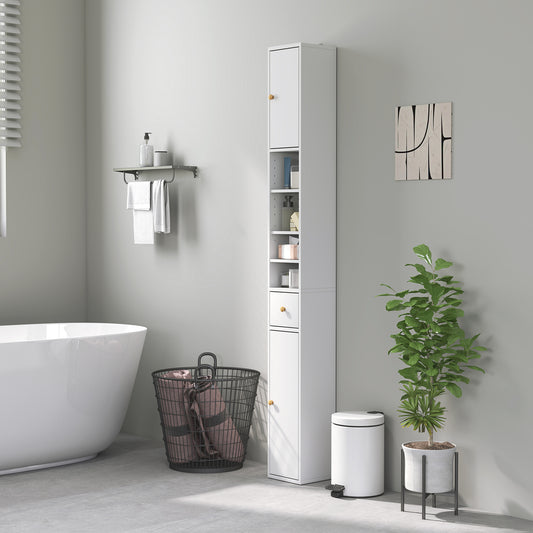 HOMCOM 178 cm Narrow Tall White Bathroom Cabinet With Two Closed Cabinets Four Open Compartments Adjustable Shelves
