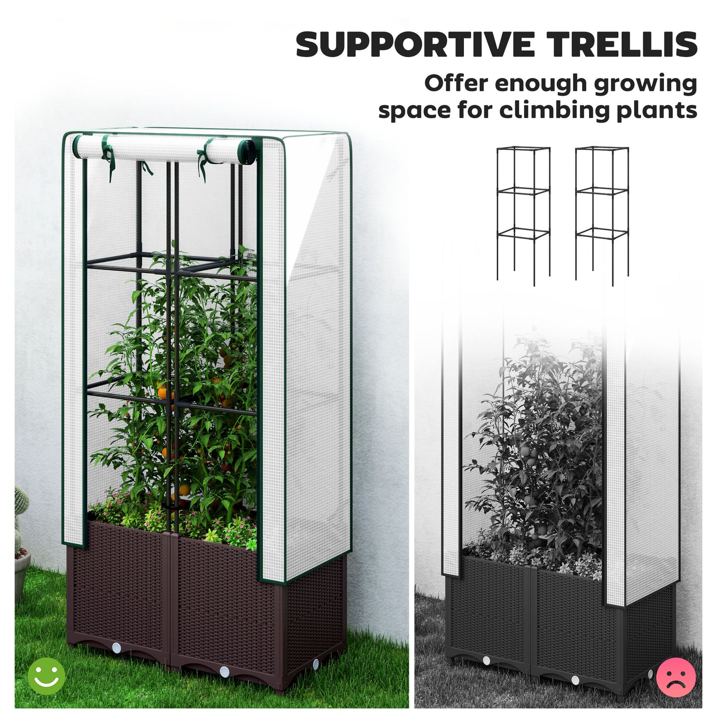 Outsunny Raised Garden Bed With Trellis Plastic Planter Box PE Cover 80 X 40 X 140 cm For Climbing Plants Flowers