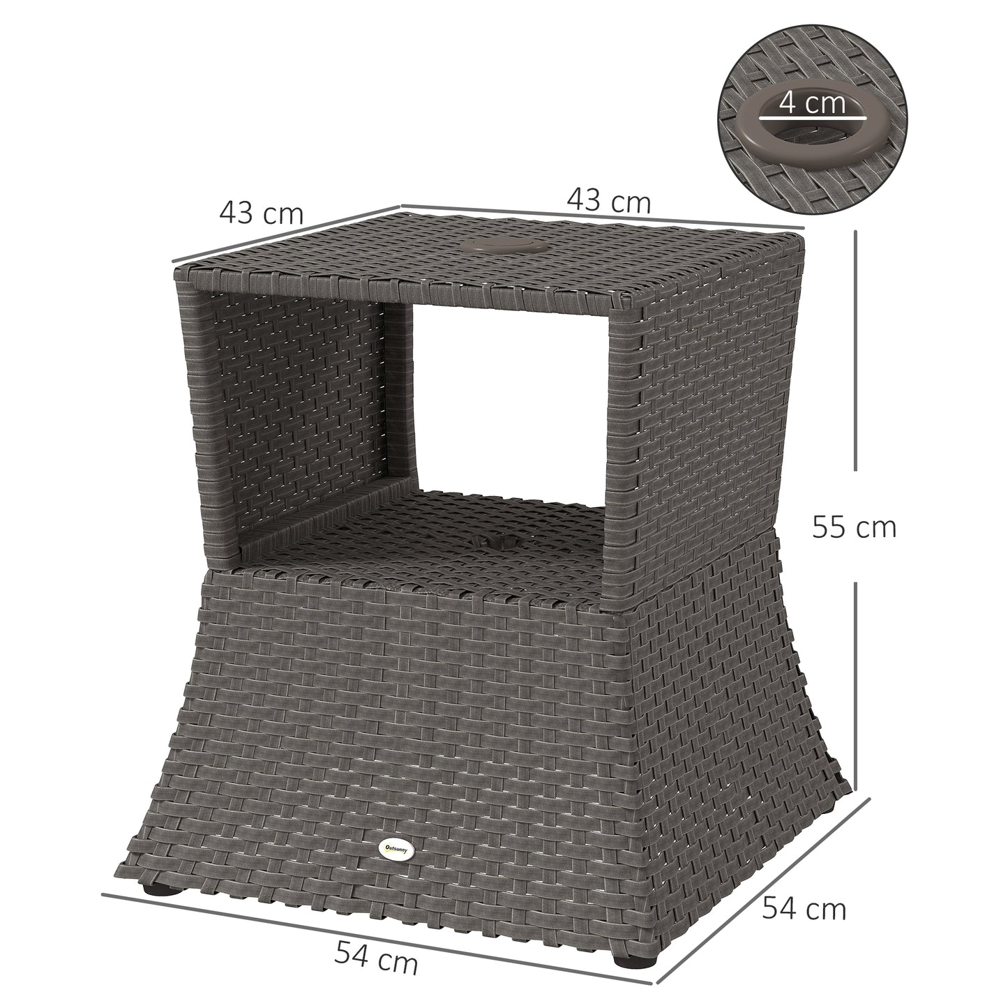 Outsunny Rattan Outdoor Coffee Table Wicker Patio Bistro Side Table With Umbrella Hole And Storage Space Dark Grey
