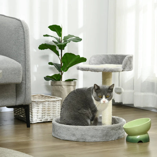 PawHut 44cm Light Grey Cat Tower, Indoor Cat Tree with Sisal Scratching Post and Toy Ball - ALL4U RETAILER LTD