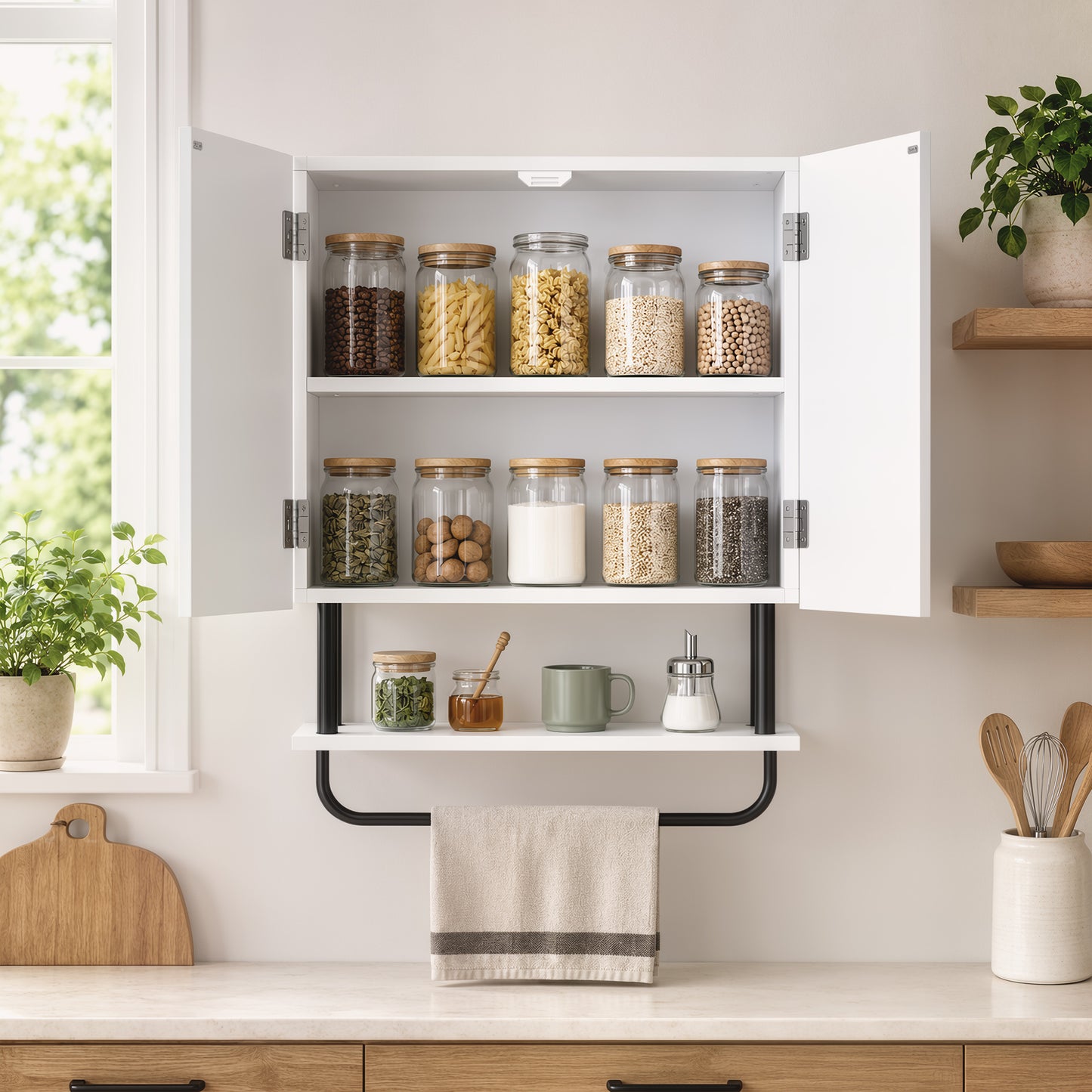 White wall cabinet with doors open showing storage shelves and open shelf with towel bar