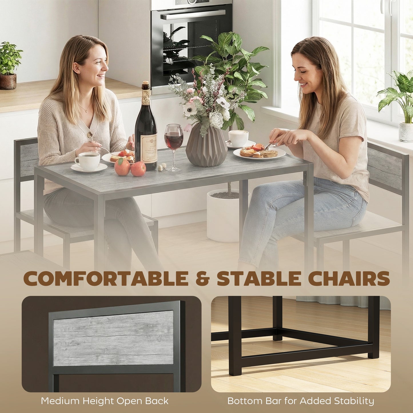 HOMCOM 3 Piece Table and Stool Set Charcoal Grey Wood Effect with Chestnut Brown MDF Panels