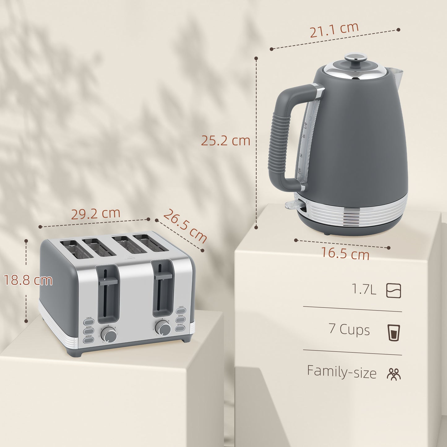 HOMCOM Stainless Steel Panel Kettle and Toaster Set 1.7L With UK Strix Thermostat Grey