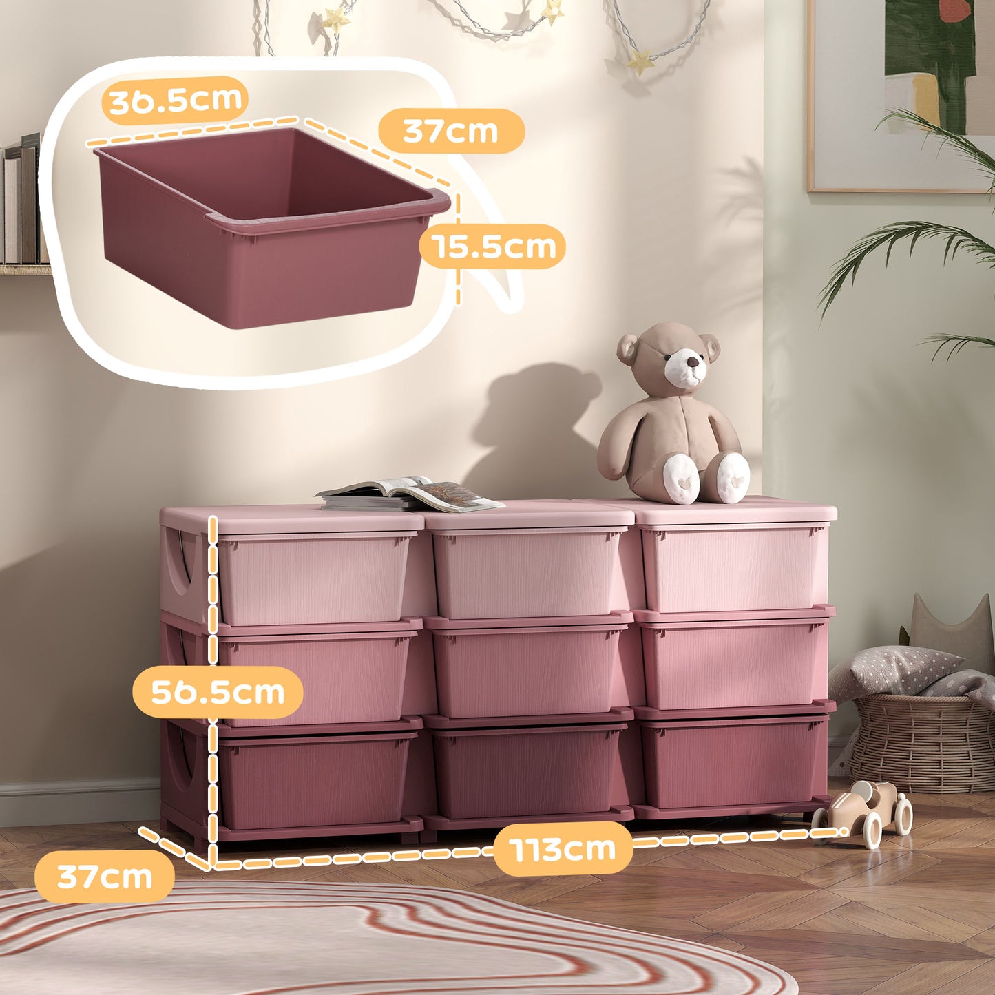 HOMCOM Kids Storage Unit with Nine Drawers Pink Toy Organizer for Toys and Books