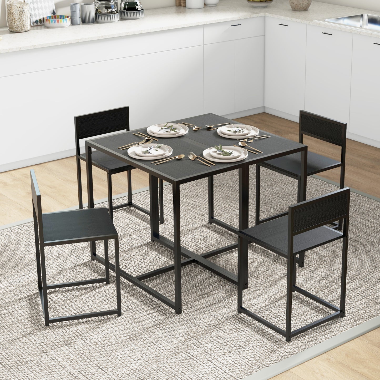 HOMCOM 2 Piece Dining Table and Chairs Set For Compact Kitchens Rectangular Space Saving Steel Frame Black
