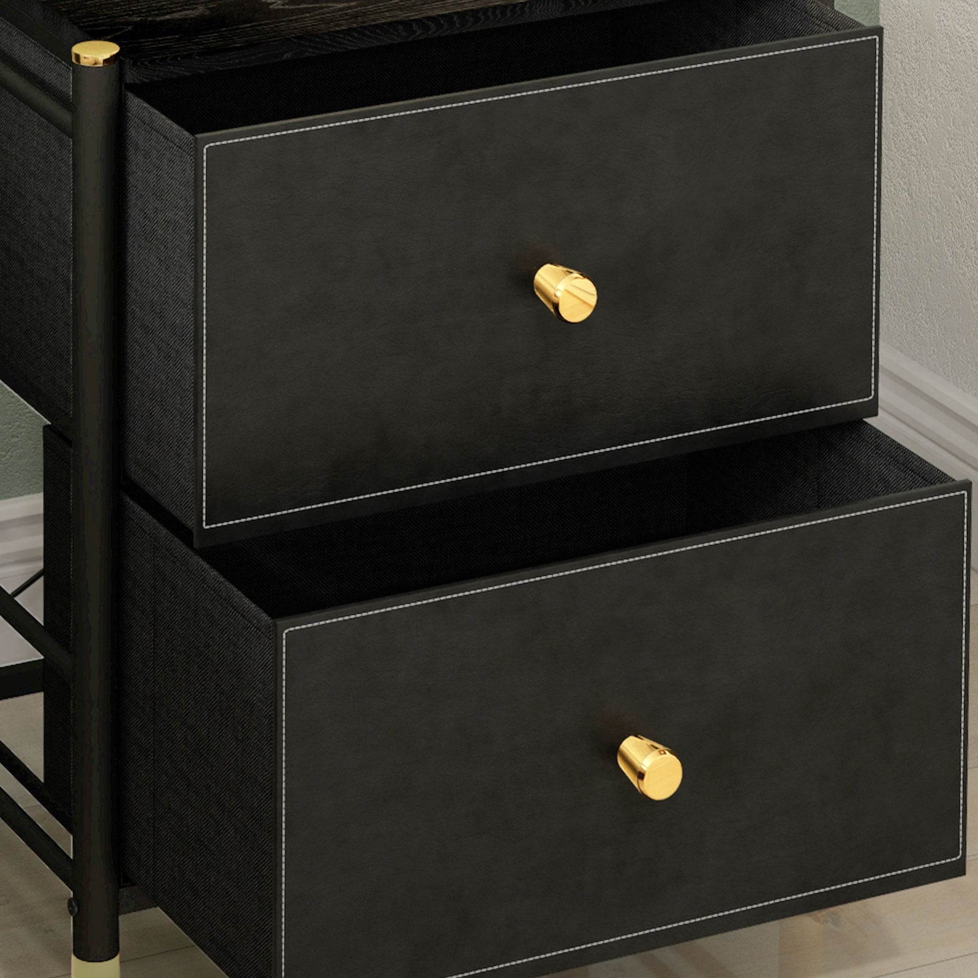Luxurious Black PU Leather Nightstand with Gold Accents and Dual Drawers - ALL4U RETAILER LTD
