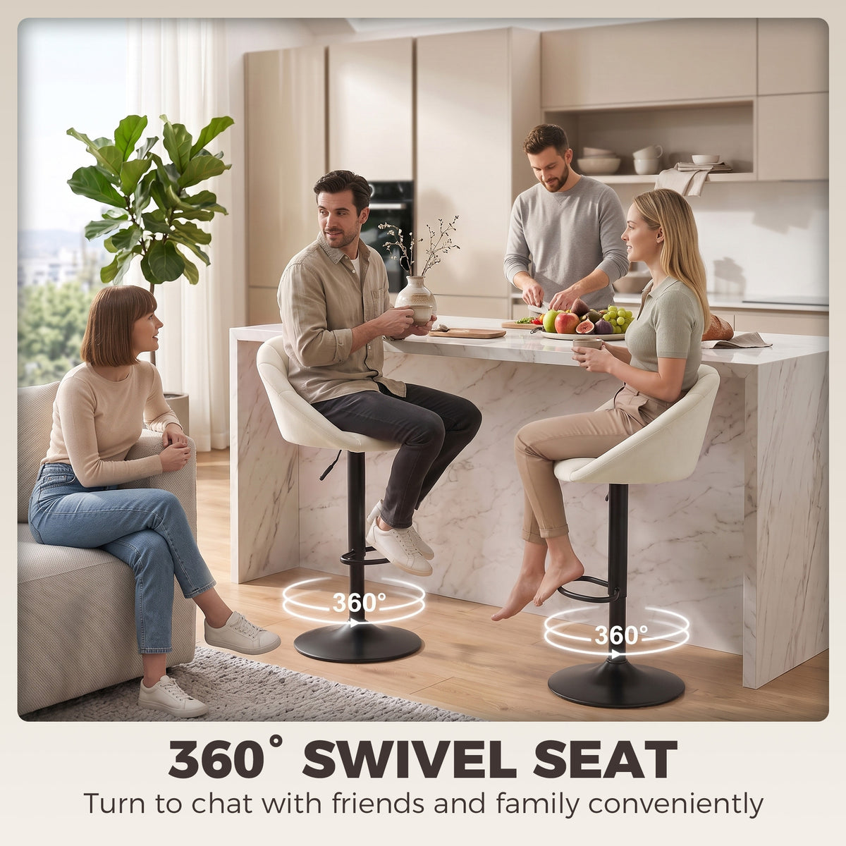 Set of two cream padded swivel bar stools with black bases and circular 360° turn base