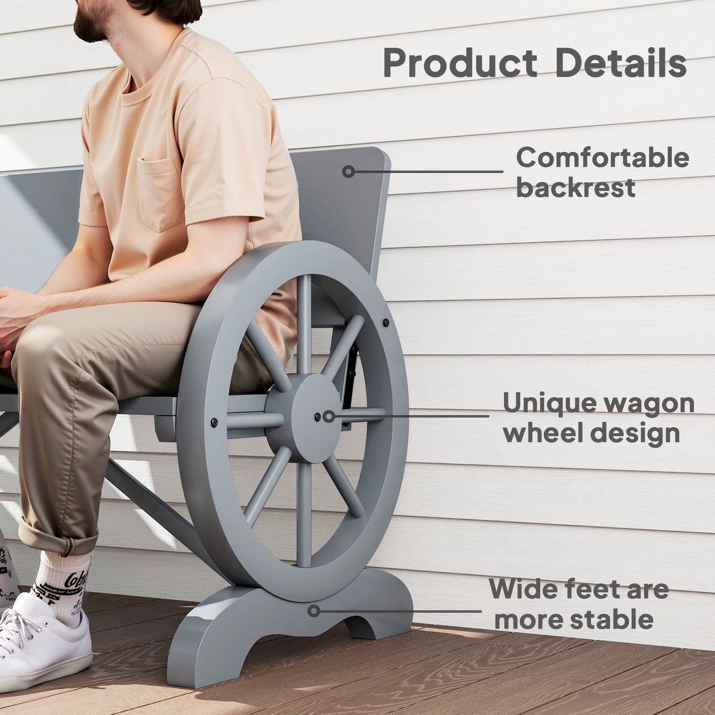 Outsunny Fir Wood Two Seater Outdoor Garden Bench With Wagon Wheel End Designs Grey Patio Furniture