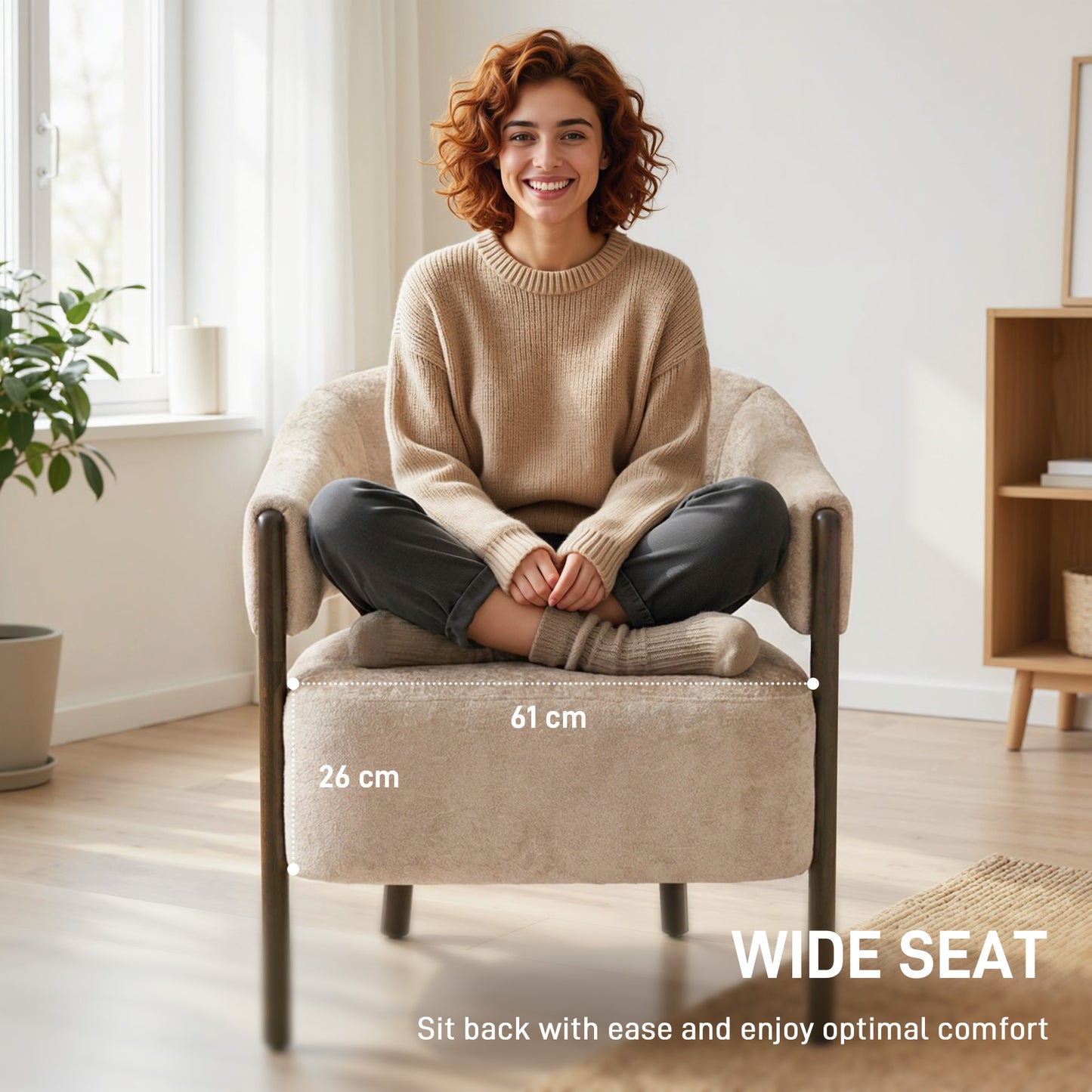 HOMCOM Chenille Upholstered Accent Chair With Wide Seat And Solid Wood Frame Beige Living Room Tub Chair Armchair